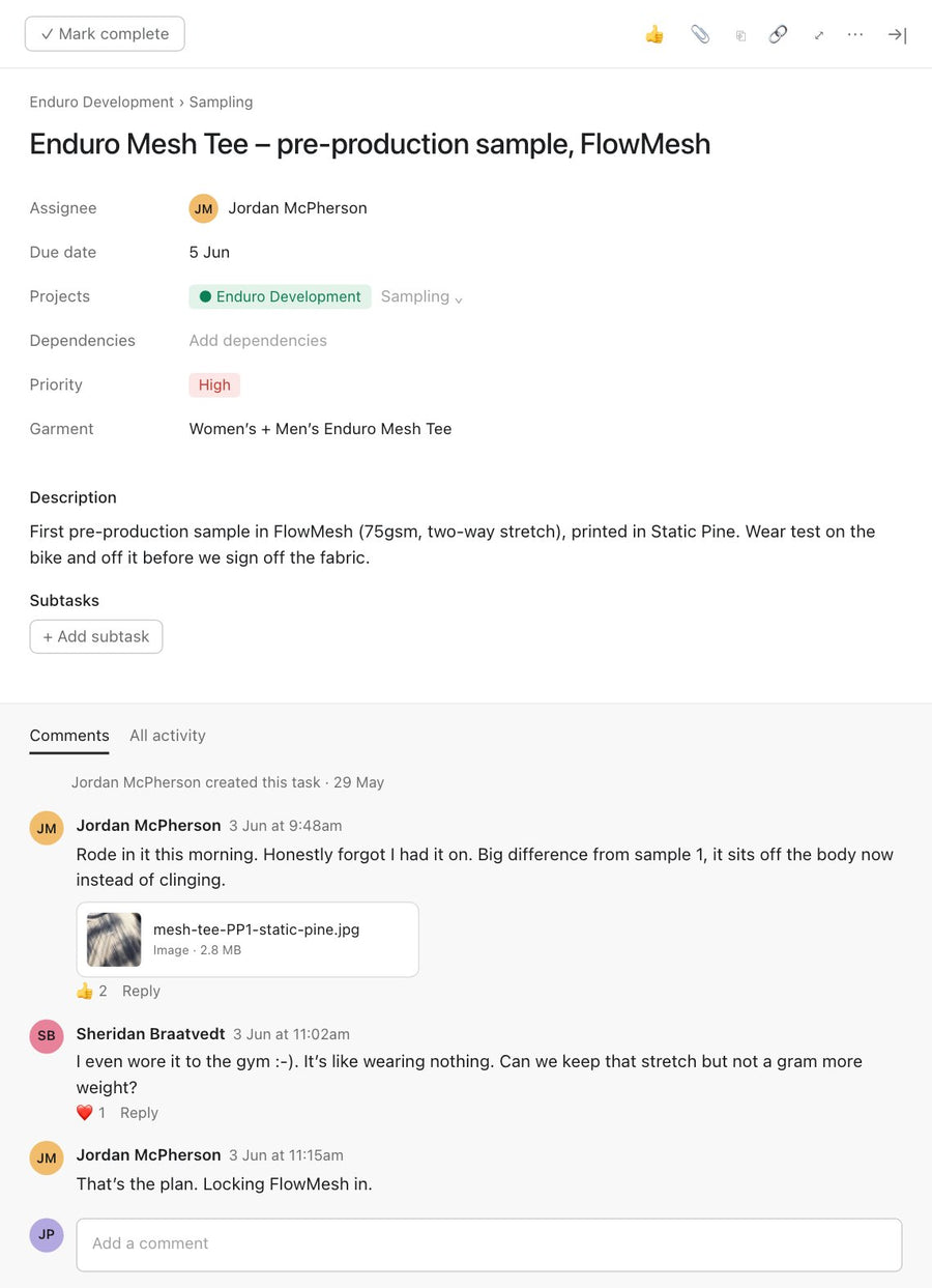 Asana task: Jordan and Sheridan on the FlowMesh pre-production sample